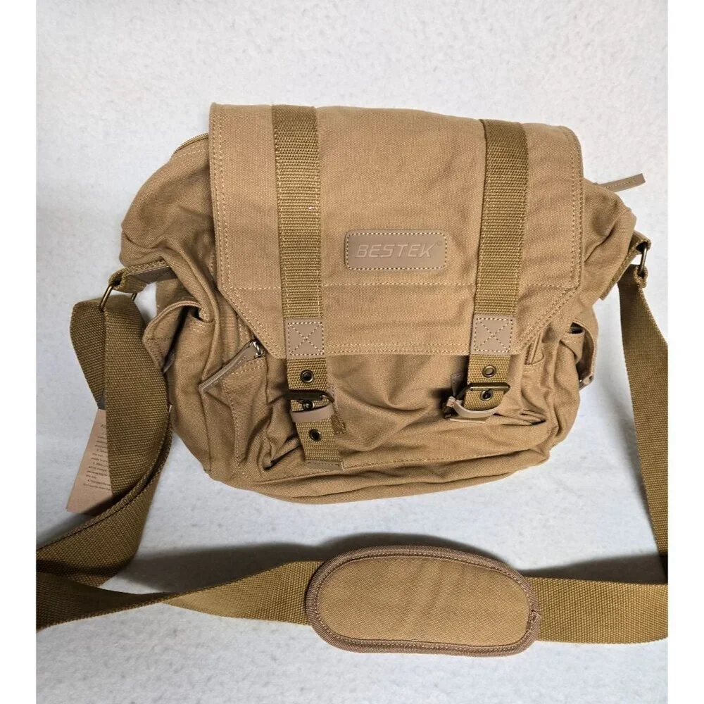 Bestek Canvas Messenger Bag For Cameras W/ Adjustable Strap & Buckles Khaki‎